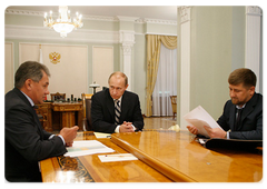 Prime Minister Vladimir Putin met with Sergei Shoigu, Minister of Civil Defence, Emergency Situations and Disaster Relief, and President of the Chechen Republic, Ramzan Kadyrov|14 october, 2008|15:10