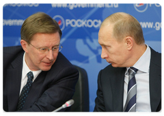 Deputy Prime MInister Sergei Ivanov and Prime Minister Vladimir Putin at a meeting on implementing priority projects in the space industry|21 october, 2008|13:00