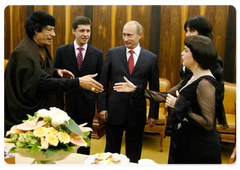 Prime Minister Vladimir Putin and Muammar Gaddafi, the Leader of the Libyan Revolution, presently on a visit in Moscow, attended a concert of French singer Mireille Mathieu at the State Kremlin Palace|1 november, 2008|20:00