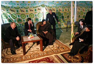 Prime Minister Vladimir Putin visited a Bedouin tent of Muammar Qaddafi, the Leader of the Libyan Revolution