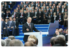 Prime Minister Vladimir Putin, the leader of the United Russia party, delivered a speech at United Russia’s 10th congress|20 november, 2008|14:00