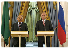 Prime Minister Vladimir Putin and the Libyan Prime Minister Al-Baghdadi Ali al-Mahmoudi have made statements for the press after their talks in Moscow|31 july, 2008|17:00