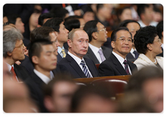 Prime Minister Vladimir Putin addressing the audience at a gala concert on the 60th anniversary of Russian-Chinese diplomatic relations and the official closing of the Year of the Russian Language in China|13 october, 2009|18:38