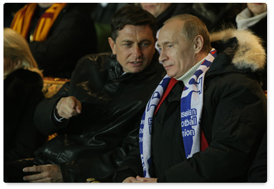 Prime Minister Vladimir Putin and Slovenian Prime Minister Borut Pahor attended the first 2010 World Cup qualifying match between the Russian and Slovenian national teams