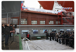 Prime Minister Vladimir Putin attends the launching ceremony for the Kirill Lavrov ice-class tanker