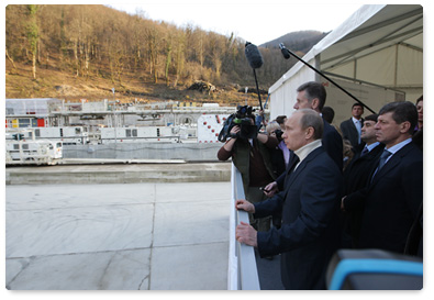 In Sochi Prime Minister Vladimir Putin inspects cluster of tunnels No.3 forming the combined motorway and railway linking Adler with the Alpika-Servis alpine ski resort