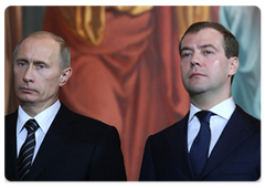 Prime Minister Vladimir Putin and Russian President Dmitry Medvedev at the enthronement of Patriarch Kirill of Moscow and All Russia, the 16th leader of the Russian Orthodox Church|1 february, 2009|15:50