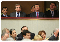Rashid Nurgaliev, Alexei Kudrin, Sergei Ivanov and Alexander Konovalov during the State Duma meeting at which Prime Minister Vladimir Putin made an annual Government report|6 april, 2009|13:37
