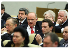 Communist leader Gennady Zyuganov during the State Duma meeting at which Prime Minister Vladimir Putin made an annual Government report|6 april, 2009|13:37