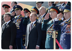 Defence Minister Anatoly Serdyukov and Prime Minister Vladimir Putin at the Victory Day parade on Red Square, celebrating the 64th anniversary of Victory in the Second World War|9 may, 2009|13:16