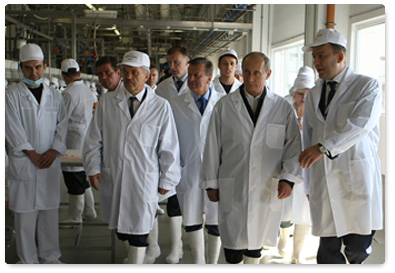 Prime Minister Vladimir Putin visits the Korocha meat processing plant