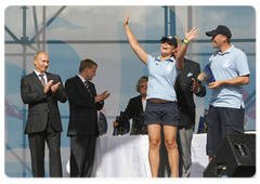 Prime Minister Vladimir Putin making a speech at the award ceremony for the participants in the first, Gdynya-St. Petersburg stage of the international regatta of training sailing ships, the Tall Ships' Races - Baltic 2009|12 july, 2009|19:31