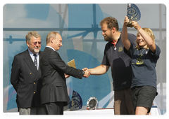 Prime Minister Vladimir Putin making a speech at the award ceremony for the participants in the first, Gdynya-St. Petersburg stage of the international regatta of training sailing ships, the Tall Ships' Races - Baltic 2009|12 july, 2009|19:38