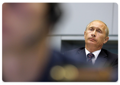 Prime Minister Vladimir Putin chairing a telephone conference on the Sayano-Shushenskaya Hydropower Plant disaster at the National Emergency Management Centre of the Ministry of Civil Defence, Emergencies and Disaster Relief|17 august, 2009|22:18