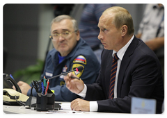 Prime Minister Vladimir Putin chairing a telephone conference on the Sayano-Shushenskaya Hydropower Plant disaster at the National Emergency Management Centre of the Ministry of Civil Defence, Emergencies and Disaster Relief|17 august, 2009|22:18