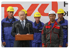 Prime Minister Vladimir Putin speaking at the dedication ceremony for a time capsule to be installed at the construction site for the Adler railway terminal|17 september, 2009|19:13