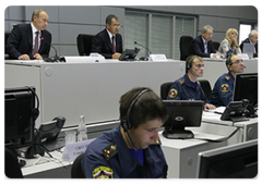 Prime Minister Vladimir Putin during a meeting at the National Crisis Management Centre of the Ministry for Emergencies held to discuss the relief efforts at the Sayano-Shushenskaya power plant|21 september, 2009|15:46