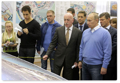 Prime Minister Vladimir Putin inspects construction sites for Olympic facilities in Sochi