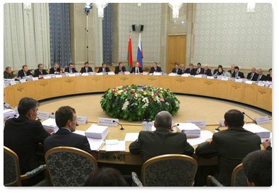 Prime Minister Vladimir Putin attends a meeting of the Council of Ministers of the Union State of Russia and Belarus