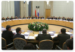 Prime Minister Vladimir Putin attends a meeting of the Council of Ministers of the Union State of Russia and Belarus