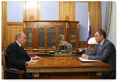 Prime Minister Vladimir Putin meets with Vyacheslav Volodin, appointed deputy prime minister and chief of the Government Executive Office by a presidential decree today