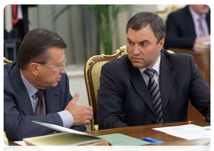 First Deputy Prime Minister Viktor Zubkov and Deputy Prime Minister and Chief of Staff of the Government’s Executive Office Vyacheslav Volodin at a meeting of the Government Presidium|25 october, 2010|17:50