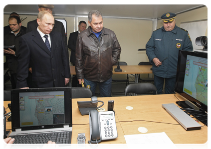 Prime Minister Vladimir Putin visiting the Civil Defence Academy at the Emergencies Ministry where he examined firefighting equipment|12 november, 2010|16:55