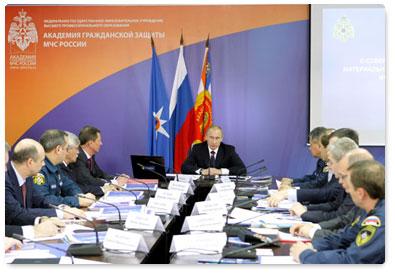 Prime Minister Vladimir Putin holds a meeting on upgrading the equipment of the Emergencies Ministry