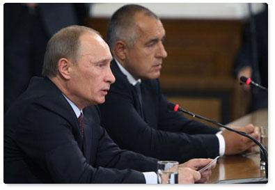 Prime Ministers Vladimir Putin and Boyko Borissov speak to the media following bilateral talks