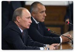 Prime Ministers Vladimir Putin and Boyko Borissov speak to the media following bilateral talks