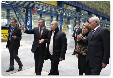 Prime Minister Vladimir Putin participates in the opening ceremony of Interkos-IV Steel and Service Centre that is part of Magnitogorsk Iron & Steel Works Group