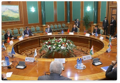 Prime Minister Vladimir Putin at a ceremonial meeting between Shanghai Cooperation Organisation heads of government and President of Tajikistan Emomali Rahmon