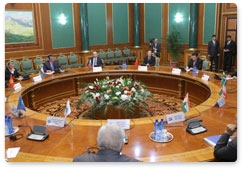 Prime Minister Vladimir Putin at a ceremonial meeting between Shanghai Cooperation Organisation heads of government and President of Tajikistan Emomali Rahmon