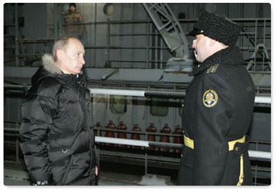 Prime Minister Vladimir Putin visits the Sevmash shipbuilding company and takes a look at the nuclear submarine Alexander Nevsky during his working trip to Severodvinsk