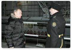 Prime Minister Vladimir Putin visits the Sevmash shipbuilding company and takes a look at the nuclear submarine Alexander Nevsky during his working trip to Severodvinsk