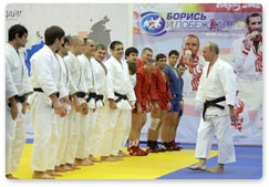 Prime Minister Vladimir Putin visits the Moskovsky sports and fitness centre in St Petersburg and takes part in a practice for Russian wrestlers