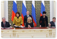 Prime Minister Vladimir Putin attends the signing ceremony for the general agreement between the national associations of trade unions and employers and the Russian government for 2011-2013