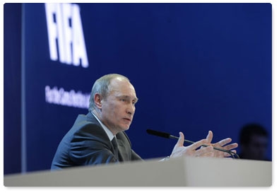 Prime Minister Vladimir Putin gives a news conference in Zurich after Russia wins the 2018 FIFA World Cup bid