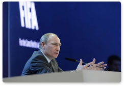 Prime Minister Vladimir Putin gives a news conference in Zurich after Russia wins the 2018 FIFA World Cup bid