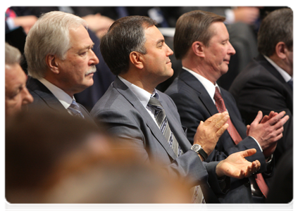 Leader of the United Russia faction in the State Duma Boris Gryzlov, Deputy Prime Minister and Chief of the Government Executive Office Vyacheslav Volodin, and Deputy Prime Minister Sergei Ivanov|6 december, 2010|09:48