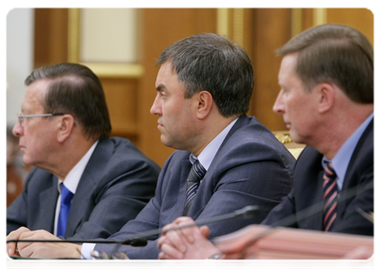 First Deputy Prime Minister Viktor Zubkov, Deputy Prime Minister and Chief of Staff Vyacheslav Volodin, and Deputy Prime Minister Sergei Ivanov at a Government meeting|7 december, 2010|17:02