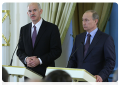 Prime Minister Vladimir Putin and Greek Prime Minister George Papandreou speak to the media following Russian-Greek intergovernmental talks|16 february, 2010|18:18