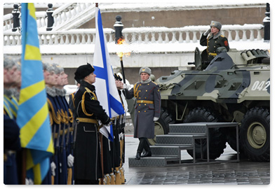 Prime Minister Vladimir Putin attends the solemn ceremony returning the Eternal Flame from Victory Park on Poklonnaya Gora to Alexandrovsky Gardens