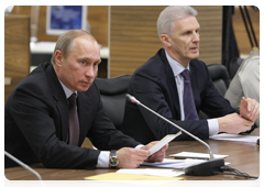 Prime Minister Vladimir Putin and  Minister of Education and Science Andrei Fursenko at a meeting of the Presidium of the Presidential Council for Priority National Projects and Demographic Policy|26 february, 2010|18:26