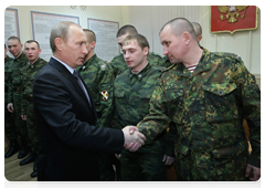 Prime Minister Vladimir Putin visiting a military unit   which lost a number of servicemen during a combat with militants in Chechnya last week|8 february, 2010|19:25