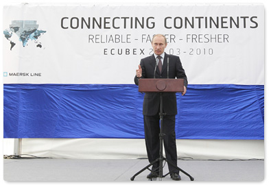 Prime Minister Vladimir Putin gives a speech at the inauguration of the Maersk Line’s Ecubex container service between South America and Russia during his tour of the North-Western Federal District