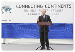 Prime Minister Vladimir Putin gives a speech at the inauguration of the Maersk Line’s Ecubex container service between South America and Russia during his tour of the North-Western Federal District