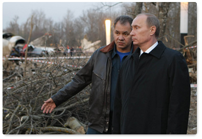 Prime Minister Vladimir Putin arrives in Smolensk on a working visit and inspects the crash site of the Polish president’s airplane