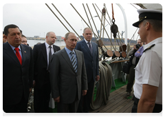 Prime Minister Vladimir Putin and Venezuelan President Hugo Chavez touring the Krusenstern, a Russian sailing ship, in the seaport of Caracas|2 april, 2010|18:08