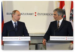 Председатель Правительства Российской Федерации В.В.Путин и Федеральный канцлер Австрийской Республики В.Файман провели по итогам переговоров пресс-конференцию